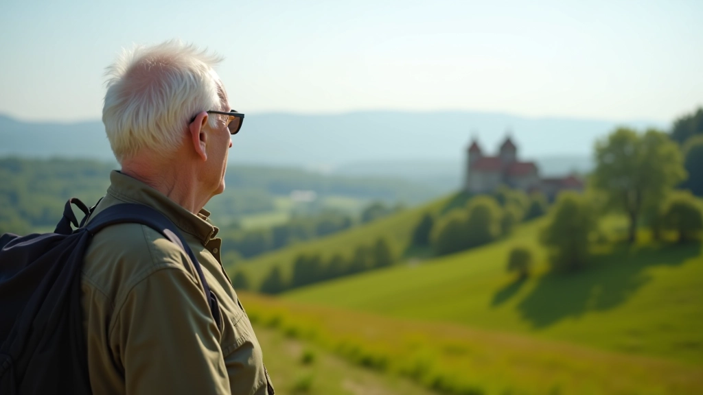 Senjoras žiūri į Kernavės piliakalnius iš peizažo perspektyvos, saulėtą dieną, malonus kraštovaizdis