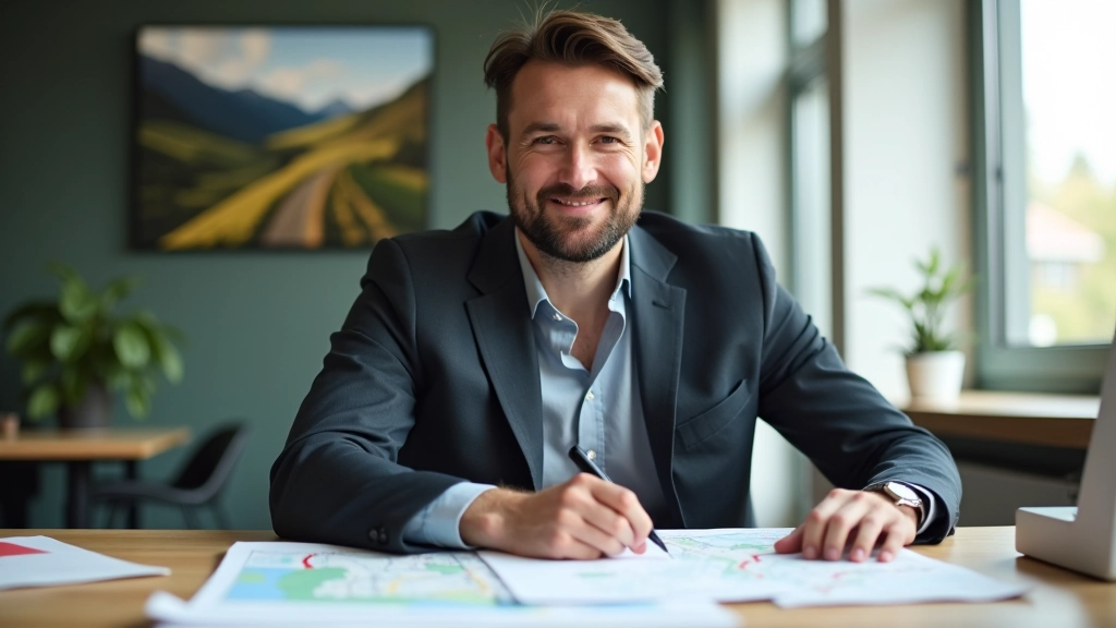Darius Vaitkus dirba prie žemėlapio ir maršruto planavimo dokumentų moderniame biure su gamtovaizdžio nuotrauka sienoje