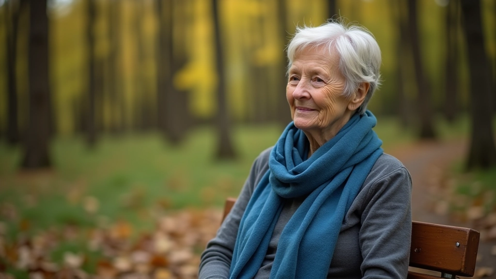 Senjorė sėdi ant medžio stendo su hidracija ir snekais